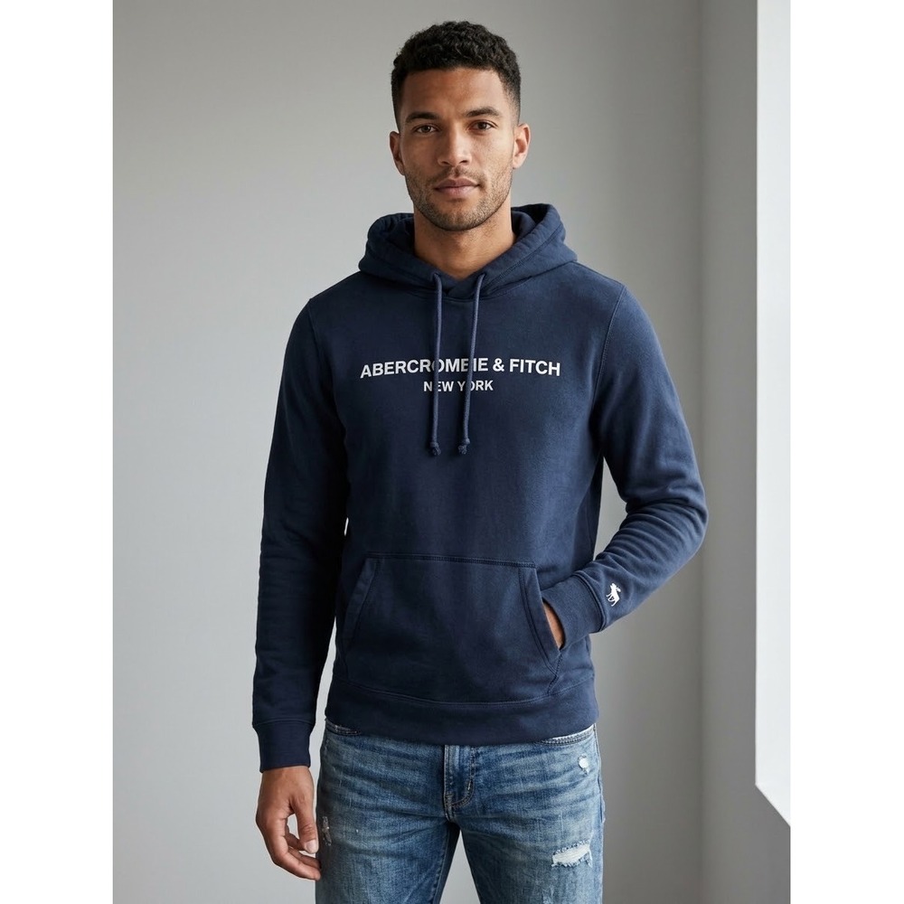 Abercrombie & Fitch Mens Navy Blue Soft Fleece Logo Pullover Hoodie Medium